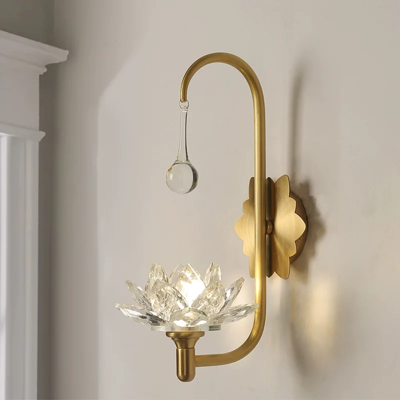 Novelty Lotus All Copper Crystal Wall Light for Foyer parlor Bedside night light Living Room wall fixture mirror LED vanity lamp