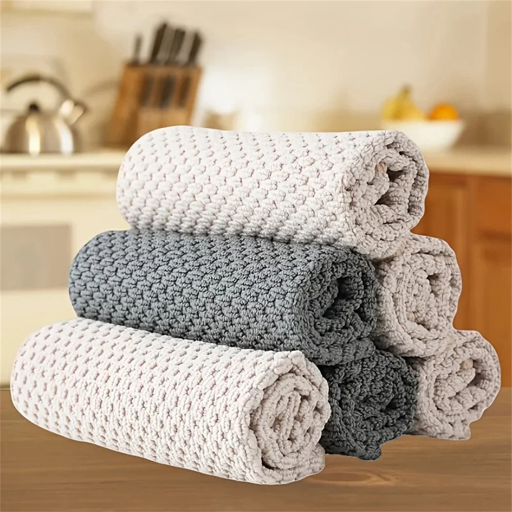 6pcs Soft Microfiber Kitchen Towels Highly Absorbent Dual-Sided Texture Waffle Weave Easy to Clean Space-Themed in White Gray