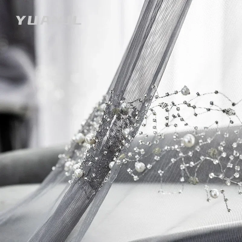 Europäische graue Tüll-Luxusvorhänge für Wohnzimmer, Schlafzimmer, moderne Perlenstickerei, wunderschönes, elegantes Fenster, individuell, Yarm Sheer