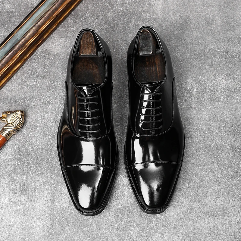 HKDQ Genuine Leather Men Oxford Genuine Dress Shoes Fashion Wedding Pointed Toe Lace Up Business Shoes Formal Black Party Shoe