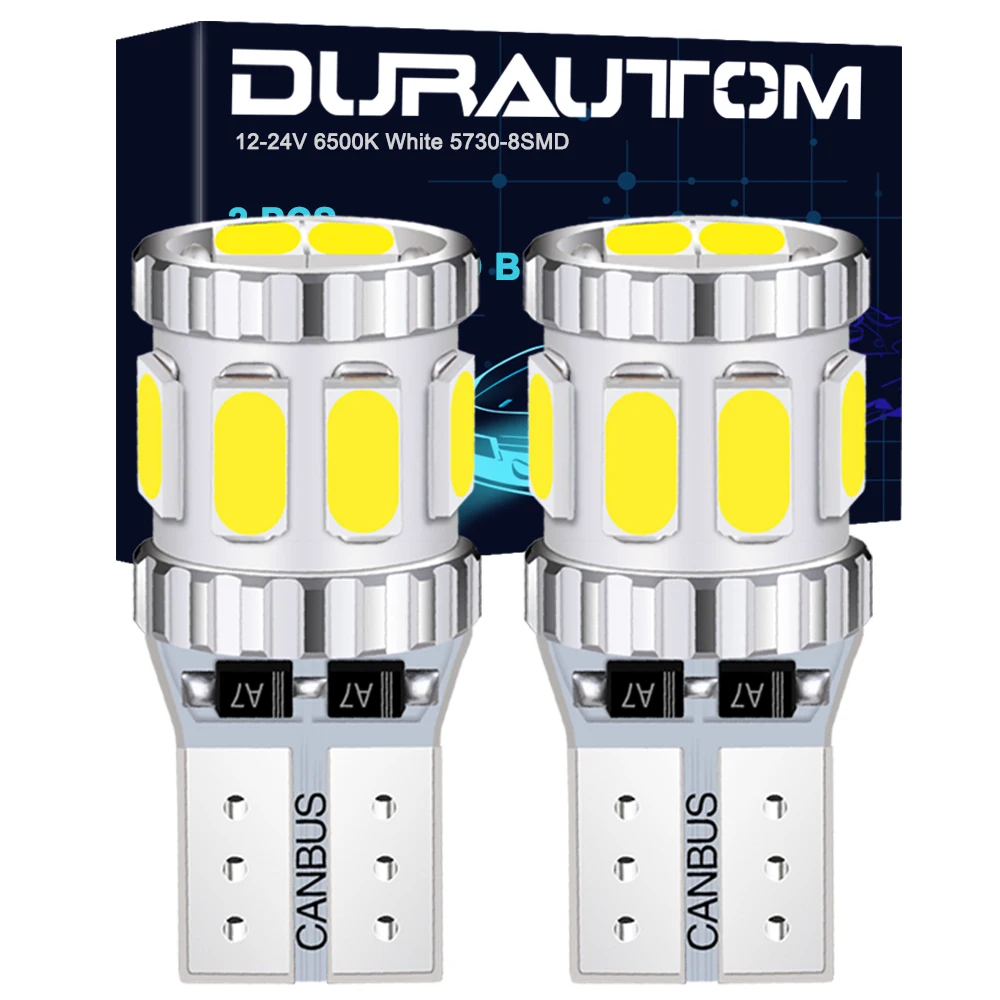 DURAUTOM 2 PCS T10 W5W LED Bulbs Canbus Error Free 12V 24V 6000K White Car Wedge Side Interior Dome Trunk License Plate Lights