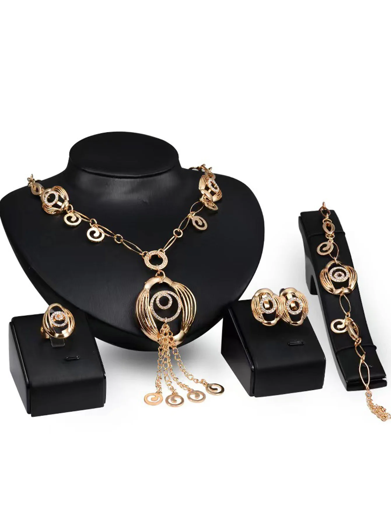 5PCS Jewelry Set Rings Necklace Earrings Bracelet High Performance Golden-Color Rhinestone Jewelry For Women Party Gift