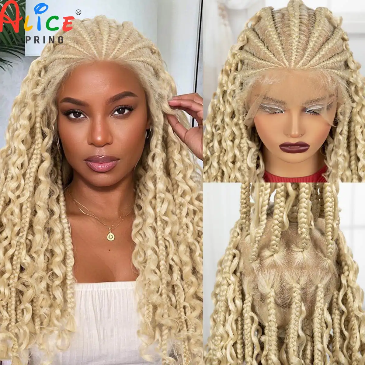

613 # Блондинка Cornrow Плетеные парики Синтетический полный кружевной парик Бобо с детскими волосами Плетеные кружевные парики без узлов для чернокожих женщин