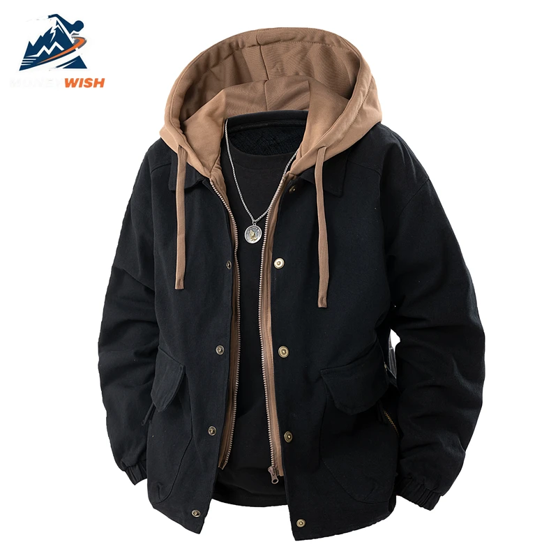 

MONEYWISH Men Jacket 2025 New Cotton Washed Fake Two Loose Breathable Hooded Coat Outdoor Casual Fashion Men's Zipper Work Coat