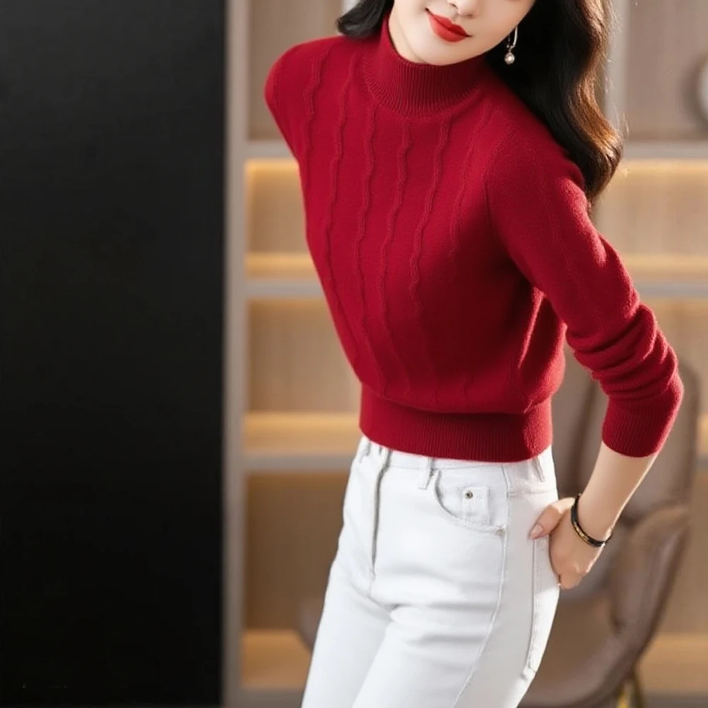 

Thick Warm Wavy Pattern Shirt Pullover Women Half High Collar Long Sleeve Sweater Lady Solid Red Black Coffee Basic Knitwear Top
