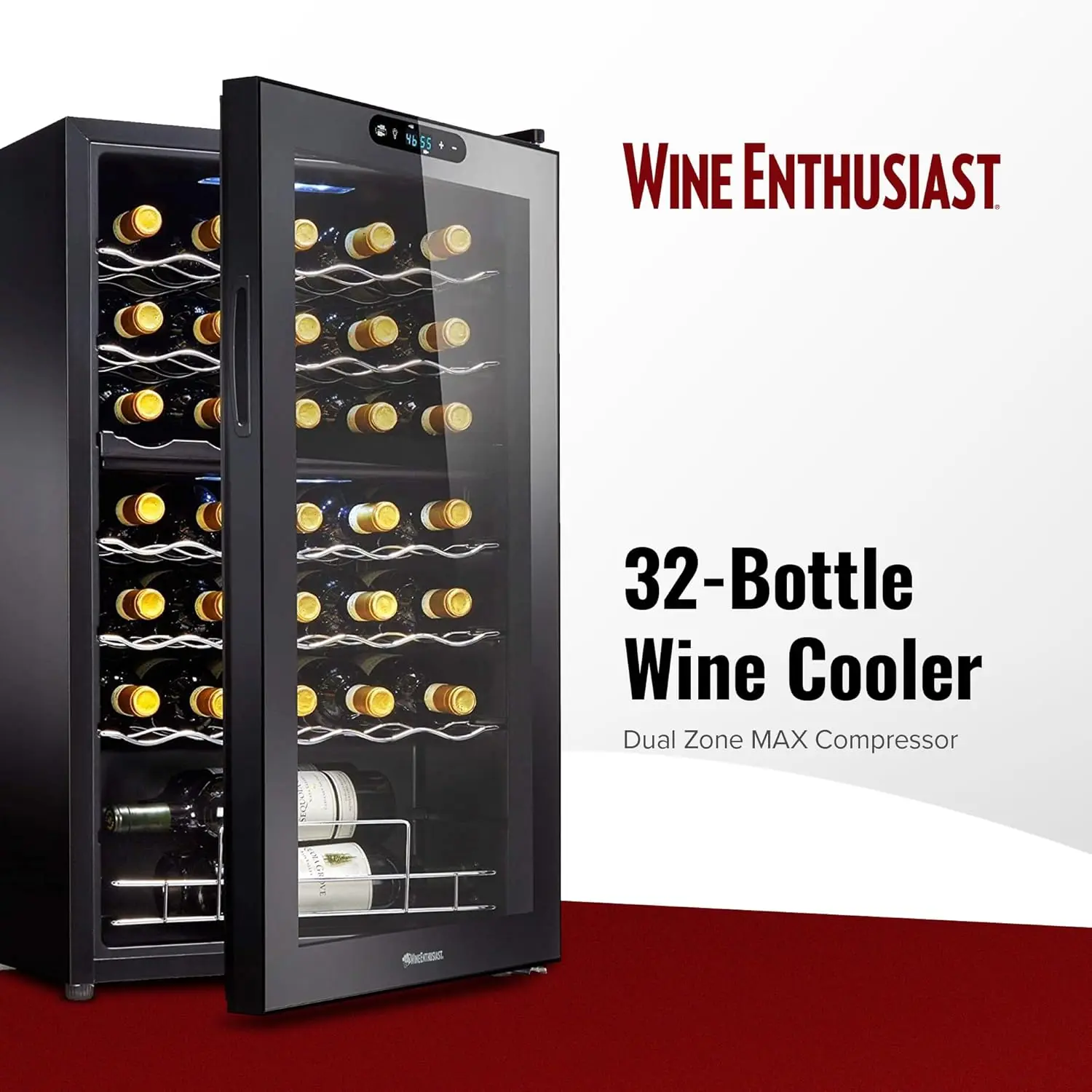 Enfriador de vino con compresor MAX de doble zona para 32 botellas, refrigerador independiente con almacenamiento y temperatura divididas, excavación