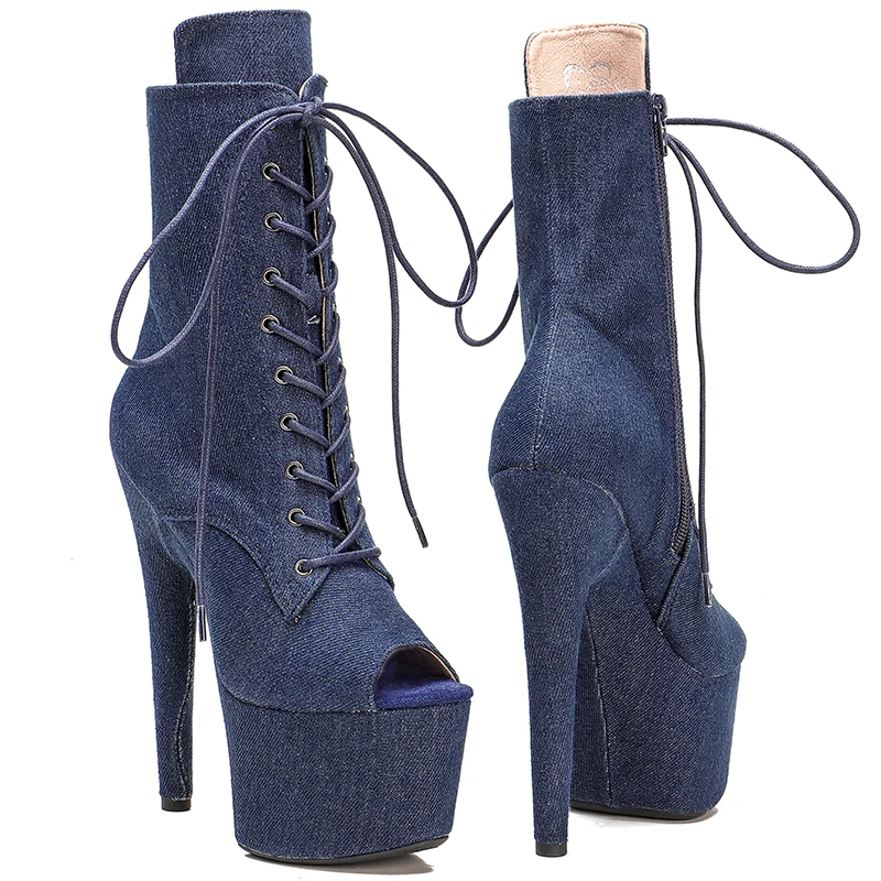 Leecabe – bottes de danse à bout ouvert, en denim, à talons hauts, 17CM/7 pouces, nouvelle collection