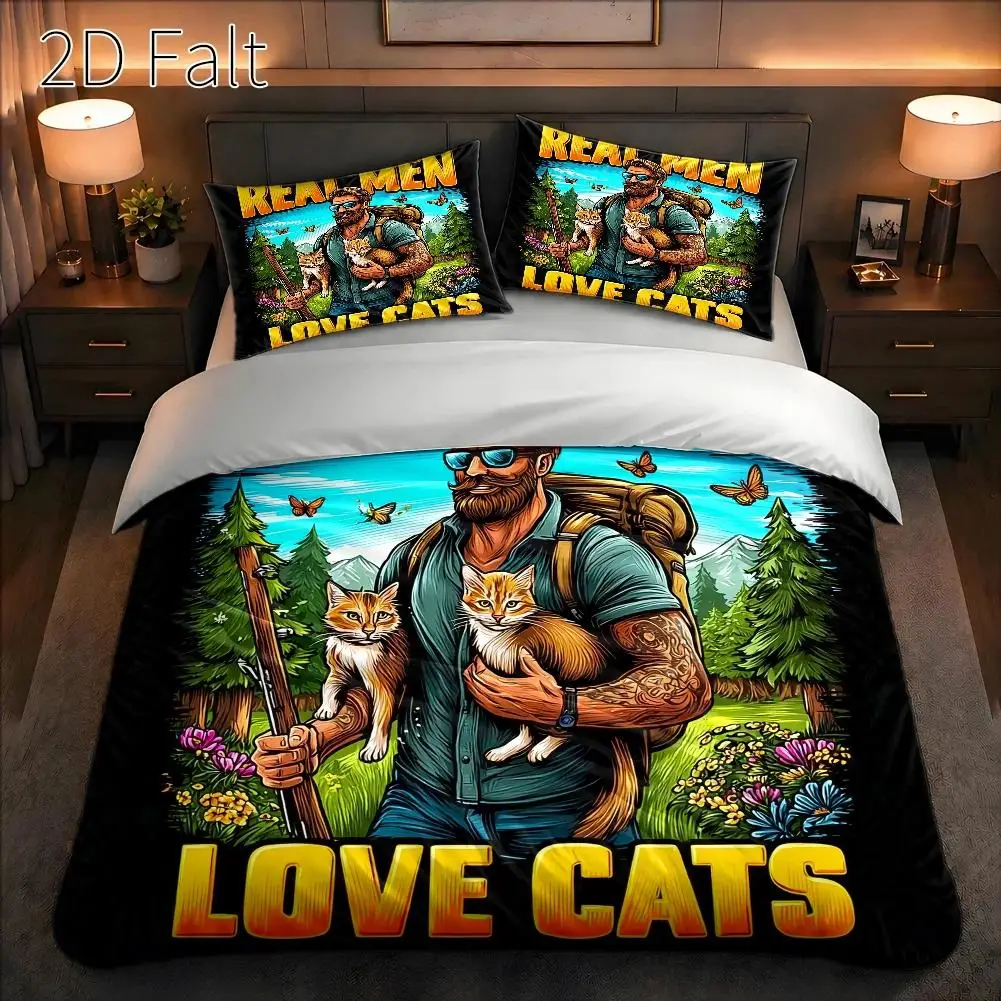 3-Piece Quilt Cover Set, 1 Quilt Cover + 2 Pillowcases (Without Filling), for Outdoor Cat Lovers, Hand-Drawn Illustration Style, Natural Scenery, Outdoor Activities, Cute Pets, Suitable for All Seasons, Machine Washable, for Home, Dormitory, Master Bedroom, All Seasons