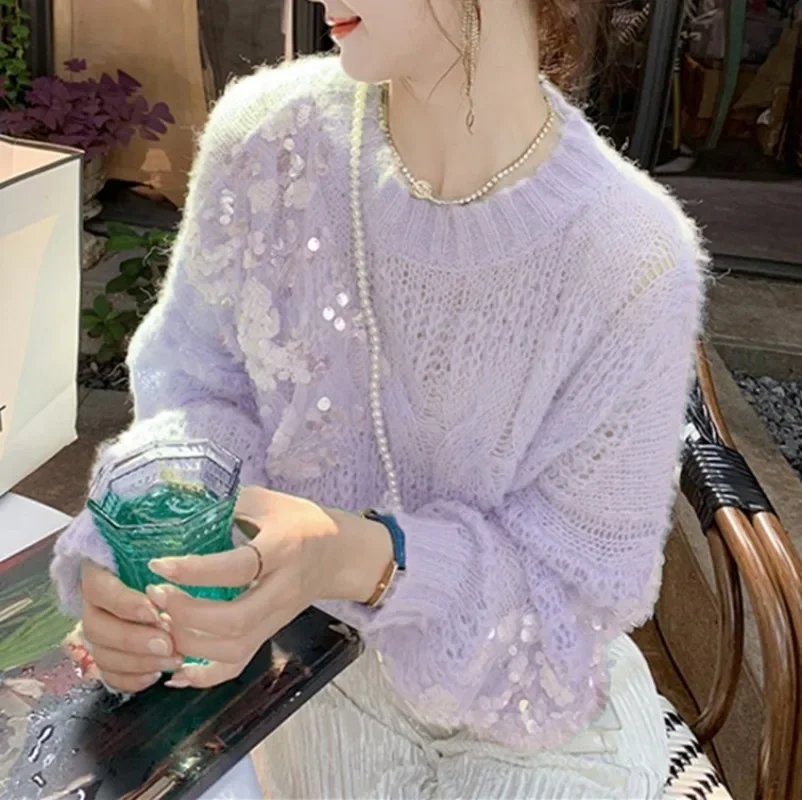 Pink Autumn Ladies Korean Ins Fashion Stylish O-neck Knitted Top Women's Sweet Fairy Solid Sequins Pullover Sweater Cut Out