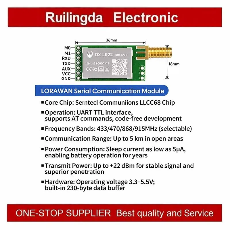 DX-LR22 LLCC68 Long-Range 5KM LoRa UART Module with at Command 432-533/850-949MHz No Coding Required for Arduino CE FCC Certifie