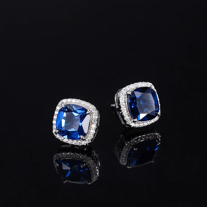 Jewelry S925 Sterling Silver Hot Selling Blue Sapphire Full Diamond Inlaid Pendant Earrings Main Stone 8*8
