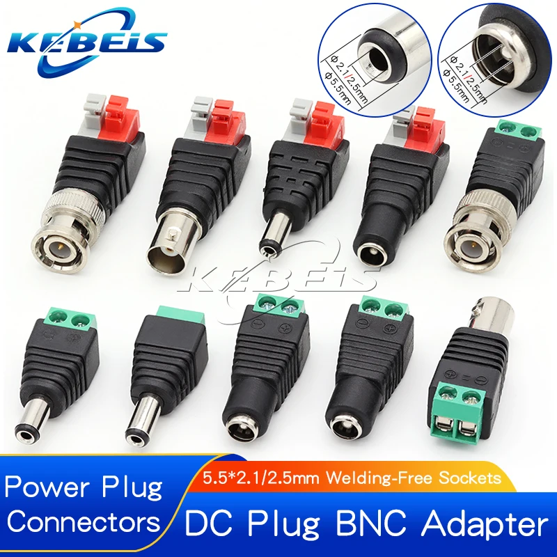 Conectores BNC macho hembra DC 12V, 5,5x2,1mm/2,5mm, adaptador de enchufe CC sin soldadura para cámara CCTV LED, 2/5/10 Uds.