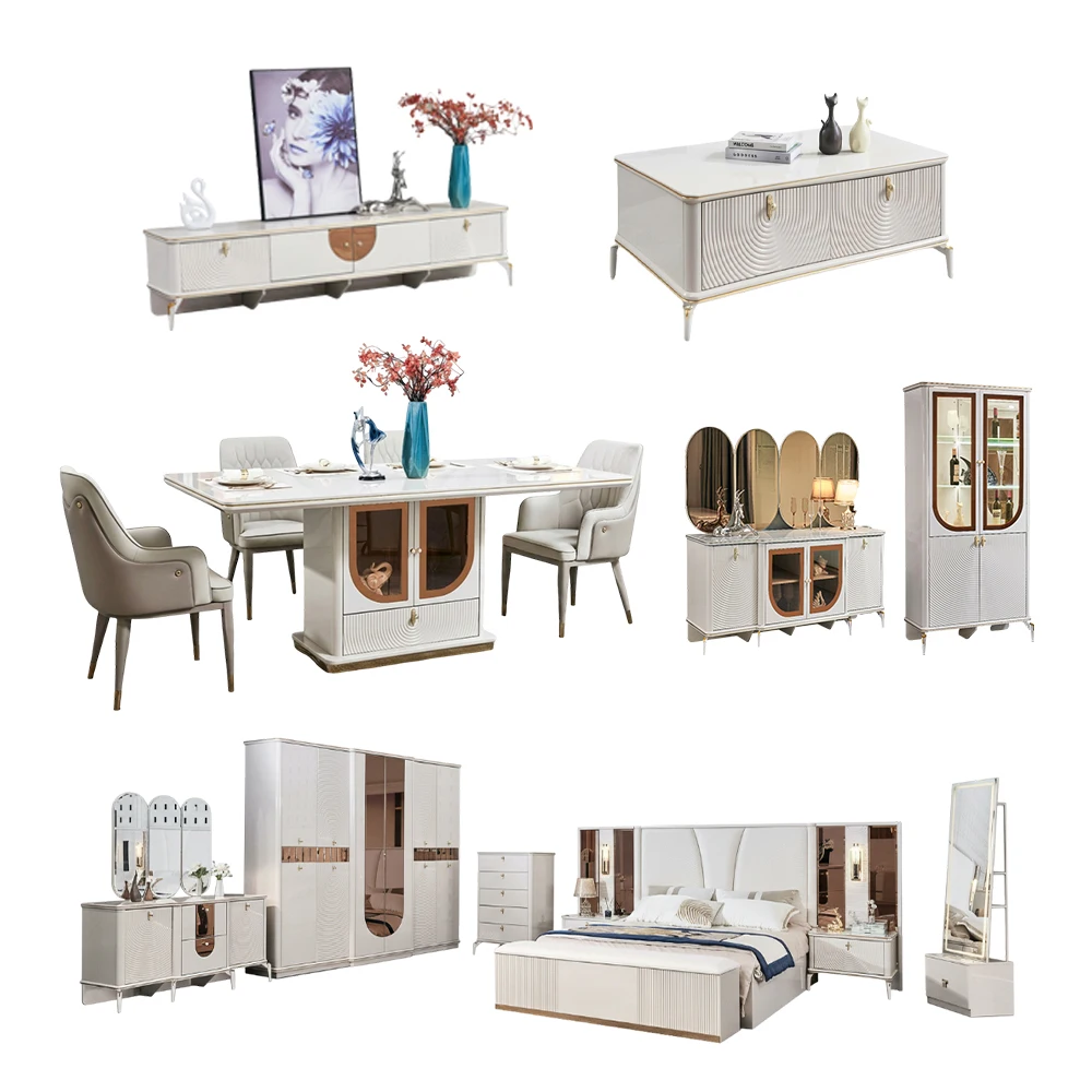 &European Wooden Bed Nightstand Dining Table Chair Home Furniture Package Large Luxury Bedroom Furniture Set