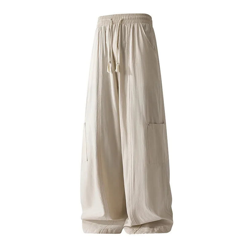 

Men's Casual Wide Leg Cargo Pants Lightweight Drawstring Waist Parachute Trousers with Side Pockets for Streetwear