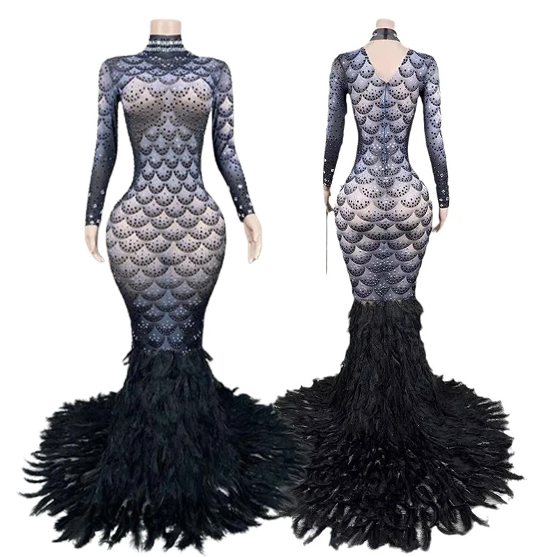 Moda New Year's Eve Dress Skirt Feather Waist Skinny Long Sleeve Long Dress Vestidos De Mujer Elegantes Para Fiesta Sexy Robe