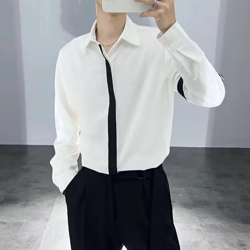 

Мужская рубашка в британском стиле, персонализированный черно-белый контрастный модный формальный топ с длинными рукавами и лацканами