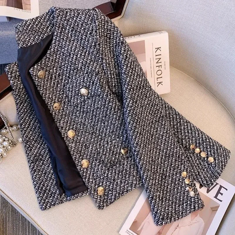 

Cropped Tweed Jacket for Women New Autumn Winter Korean Single Breasted Coat Ladies Luxury Chic Pocket Woolen Outwear