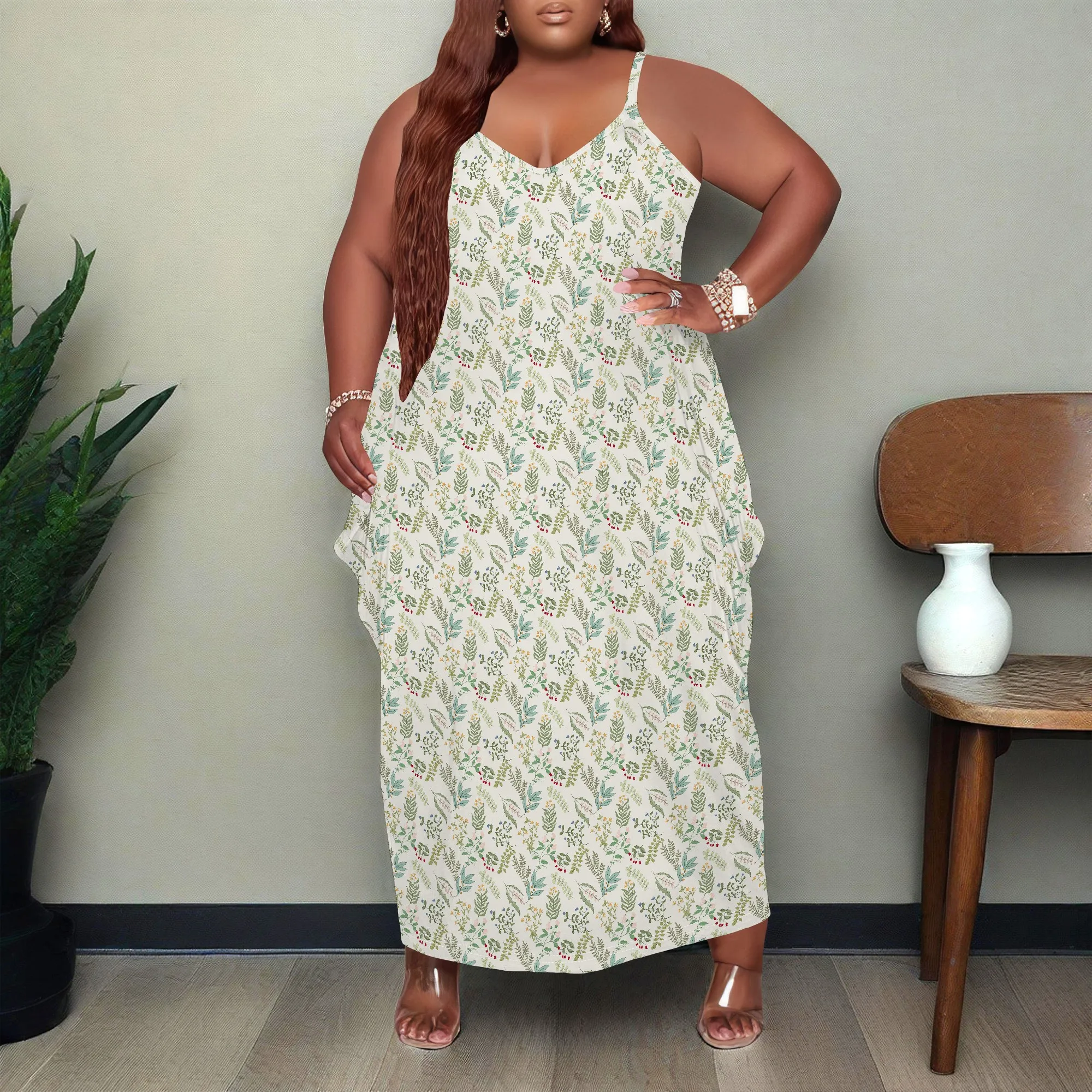 Women's Plus Size Dress Floral Print Loose Halter Maxi Dress with Pocket Stretchy Casual XL-6XL
