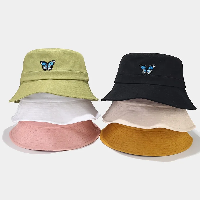 Amazon Hot Sale Butterfly Embroidered Men Women Spring and Summer Stitching Bucket Outdoor Sun Hat Tide