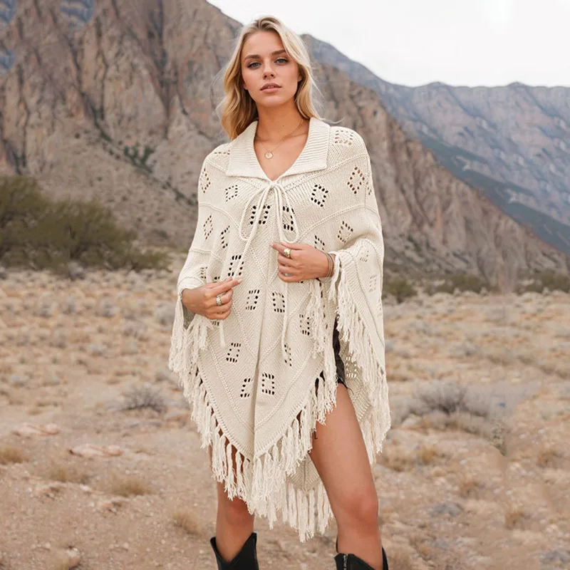 

2025 Trendy Tassel Knit Cape Streetwear Shawl for Women Spring Summer Fashion