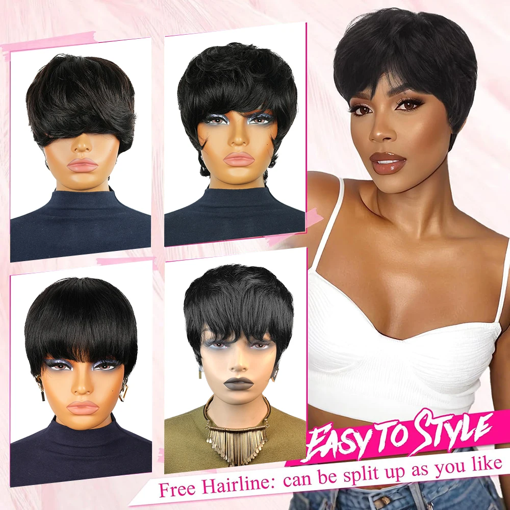Kurze Pixie-Schnitt-Perücke, gerade Echthaar-Perücken mit vorgezupftem Pony für Frauen, brasilianisches Haar, maschinell hergestellte 100 % Echthaar-Perücke