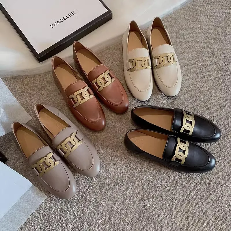 

Metal Decoration Loafers Women Shoes Low Heels Slip on Shoes Casual Shallow Slides Fashion Round Toe Oxfords Black Gray Beige