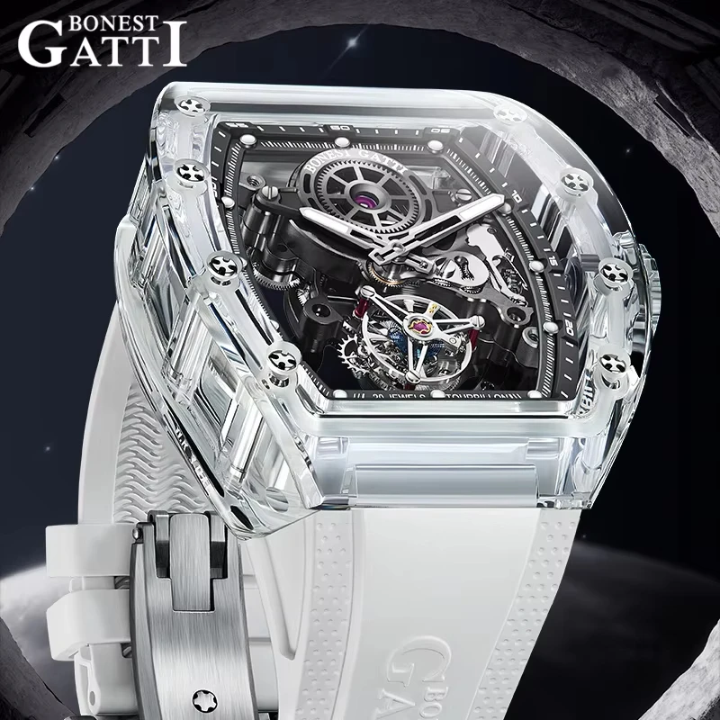 Montre-bracelet mécanique à mouvement automatique BONEST GATTI, tourbillon, boîtier en cristal, montre lumineuse, bracelet en fluororubber, montres pour hommes