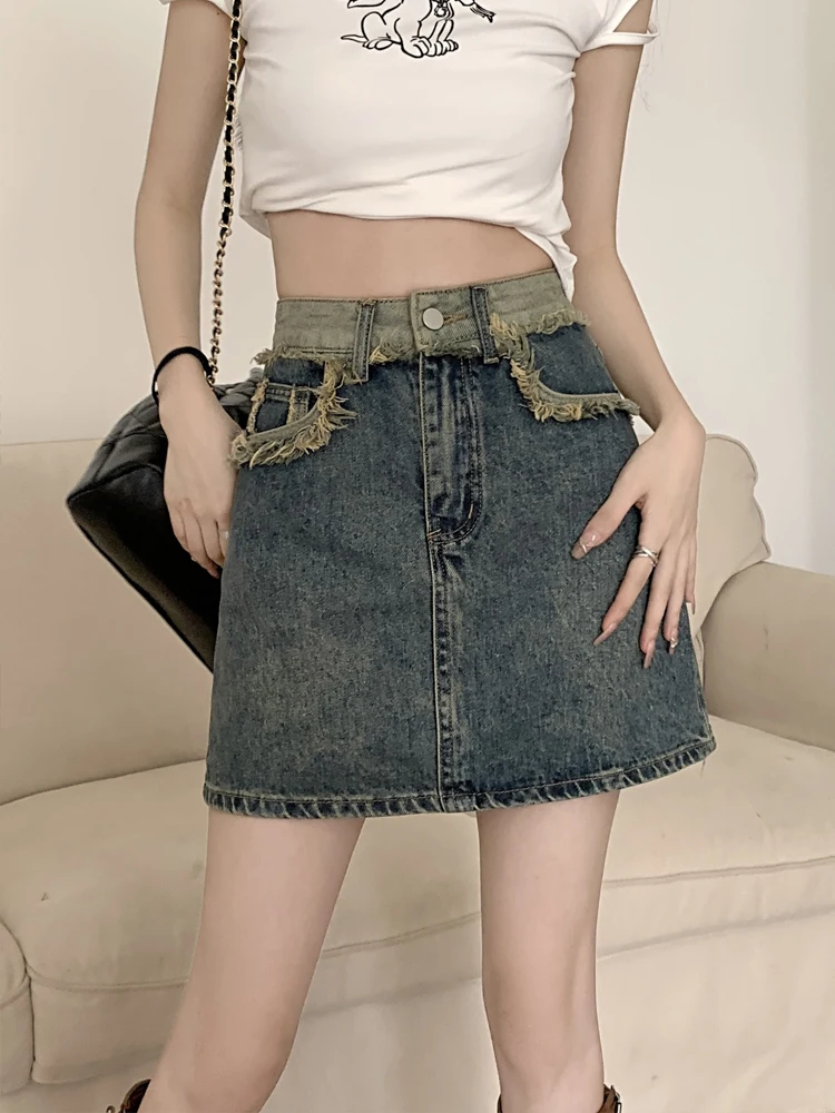 Rétro américain épicé fille a-ligne jupe en jean femmes grande taille taille haute minceur f jupe coréenne Sle trajet pur...