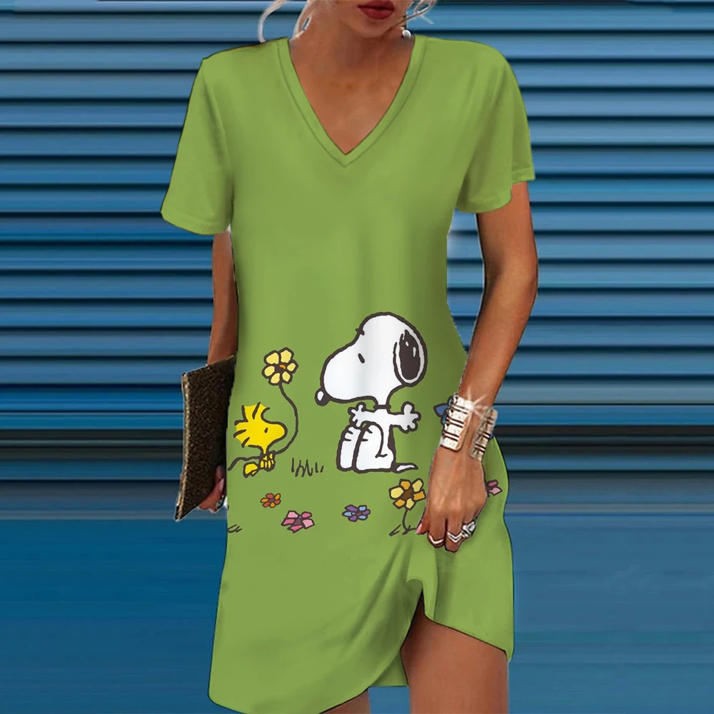 Snoopy-Vestido largo con estampado de dibujos animados para mujer, vestido Sexy de manga corta con cuello en V, color rosa puro, informal, versátil, 2024