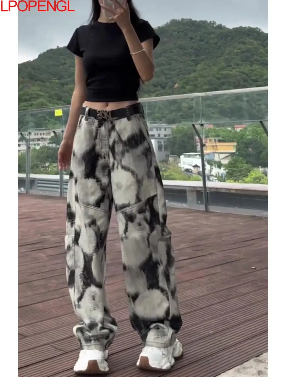 

Fashionable And Personalized Dyed Straight Denim Wide Leg Pants Autumn Women's Clothing Patchwork Loose High Waist Button Jeans