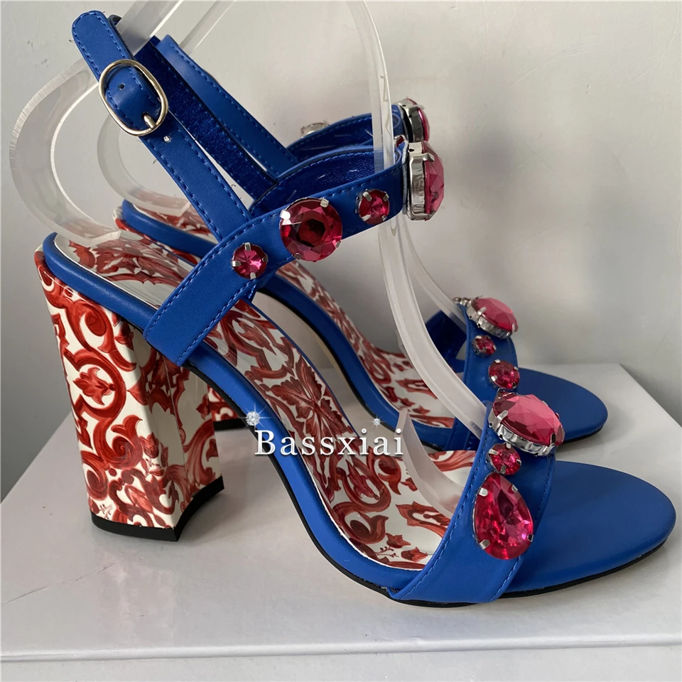 Luxury Diamond Crystal Ankle Strap Sandals Women Individual Print Flower Chunky Heel Genuine Leather Summer Shoes