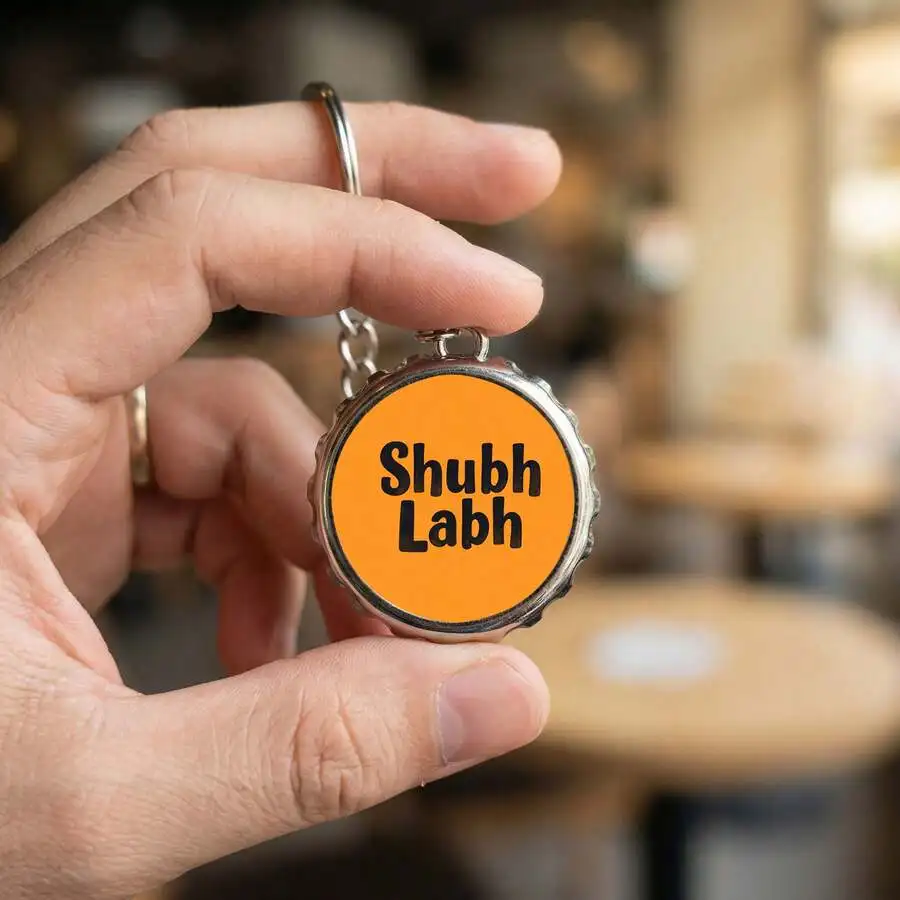 

Vibrant Shubh Labh Printed Bottle Cap Keychain For Diwali Decoration Gift