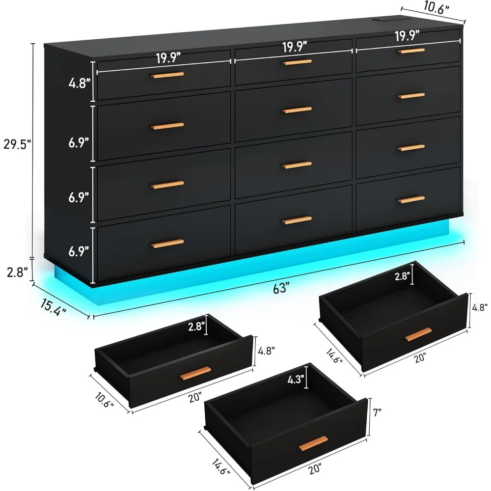 12 Drawers Dresser w/Power Outlet,60000-Colors Lights,63In Long Dresser Chest for Bedroom,Wooden Tall  Storage Cabinet image 3