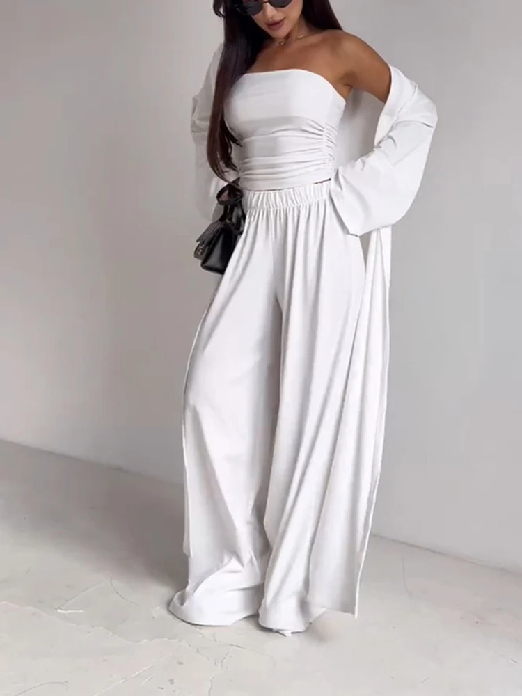 

Spring casual loose suit long sleeved cardigan+pocket straight leg pants+strapless fashion three piece set