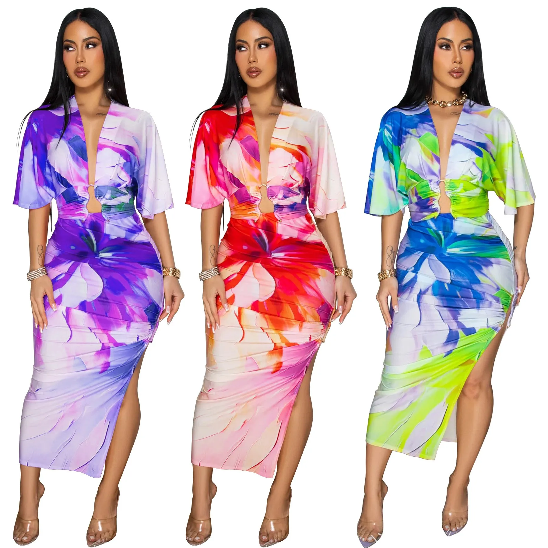 

Summer Women's Clothing Floral Print V Neck Side Slit Long Skirt Two Piece Set For Woman Polyester Sexy Matching Outfits