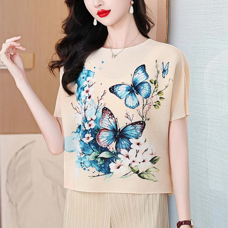 Classical Ink Printing Crew Neck T-shirt Top Women's Summer Temperament Loose Large Size Casual Versatile Bat Sleeve