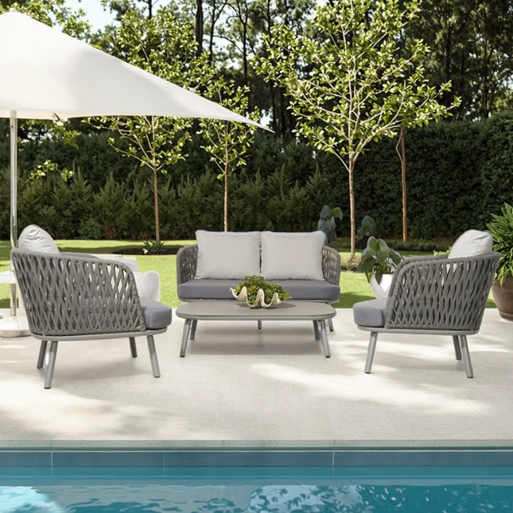 مجموعة حديقة أوروبية كلاسيكية فاخرة، أريكة خارجية أنيقة على شكل حبل، مجموعة أنيقة من أثاث الحدائق للفنادق #1