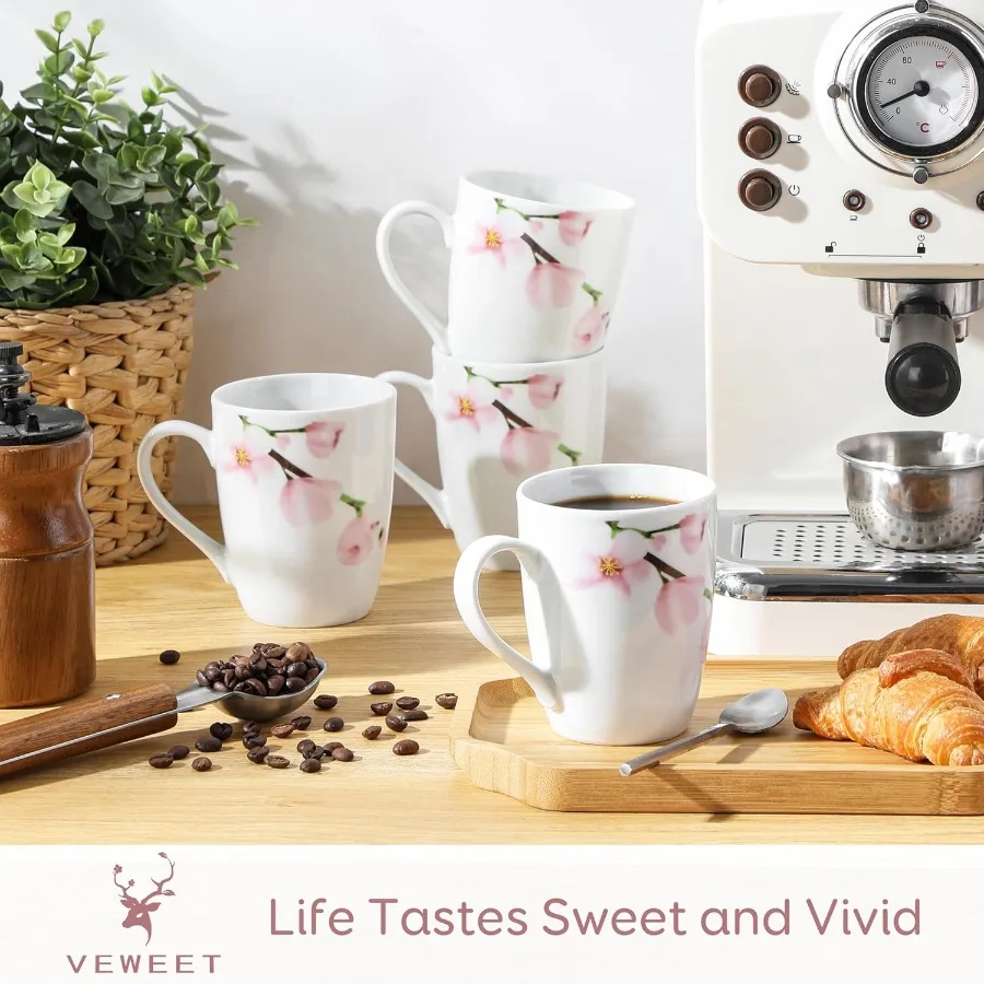 مجموعة من 6 أكواب قهوة سعة 11 أونصة مع مقبض مجموعة أكواب سيراميك بتصميم زهور للاستخدام في المطبخ مثالية للميكروويف الروتيني الصباحي اليومي #2