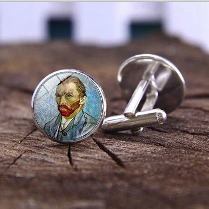 Van Gogh Oil Painting Glass Alloy Cufflinks Starry Night Sunflower Set Cufflinks Men\'s Shirt Cuff Nails Button Accessories