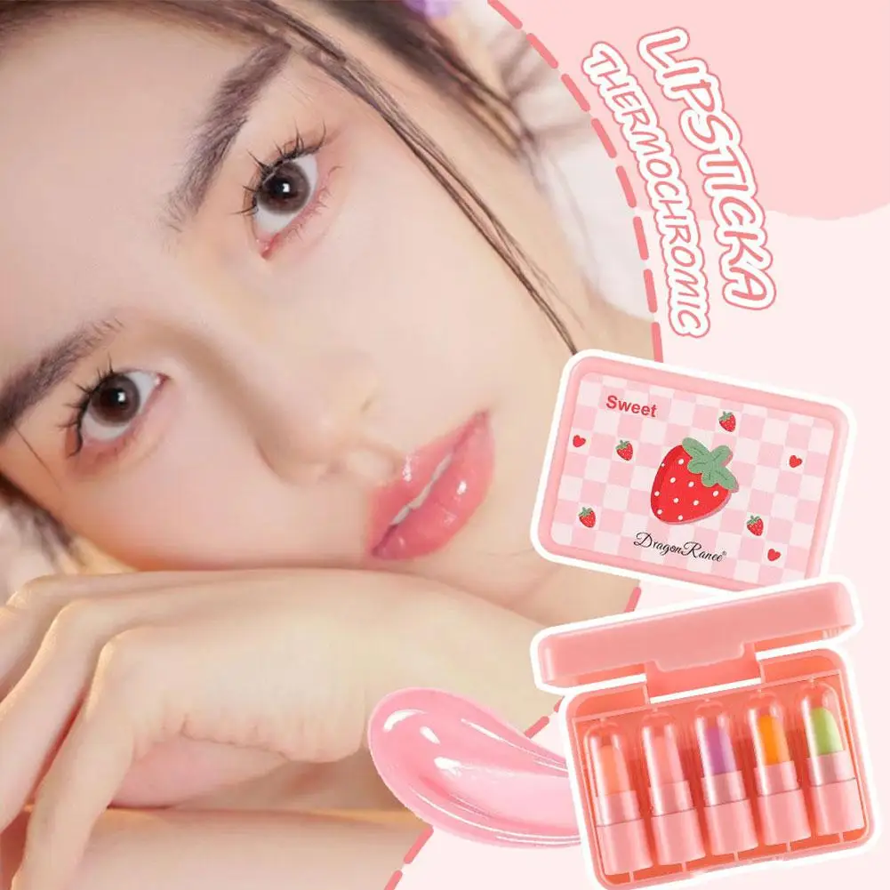 5pcs/set Mini Fruit Lip Balm Lip Oil Moisturizing Temperature Long Lip Color Lipstick Gloss Cosmetic Changing Hydrating Las C7t8