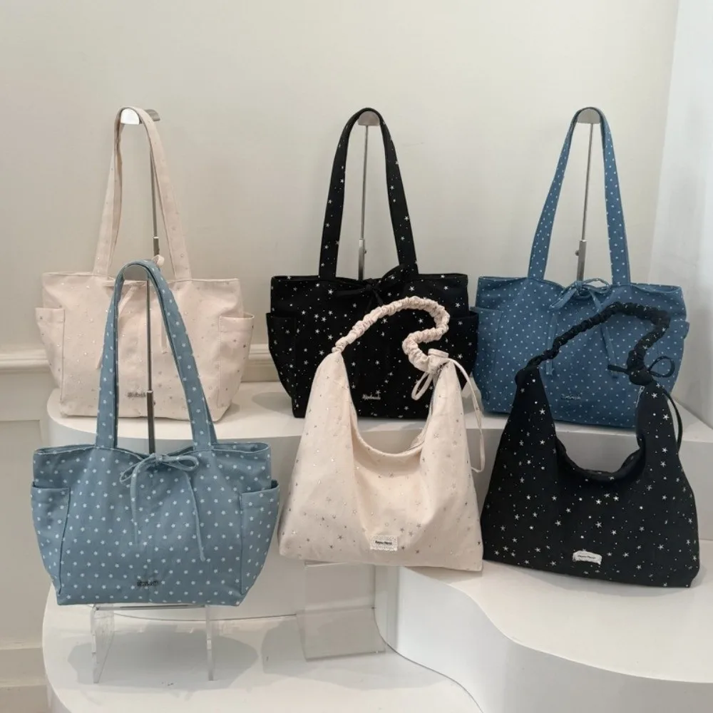 Versatile Korean Style Polka Dot Shoulder Bag Large Capacity Canvas Bow Tote Bag Casual Star Element Women Handbag Women