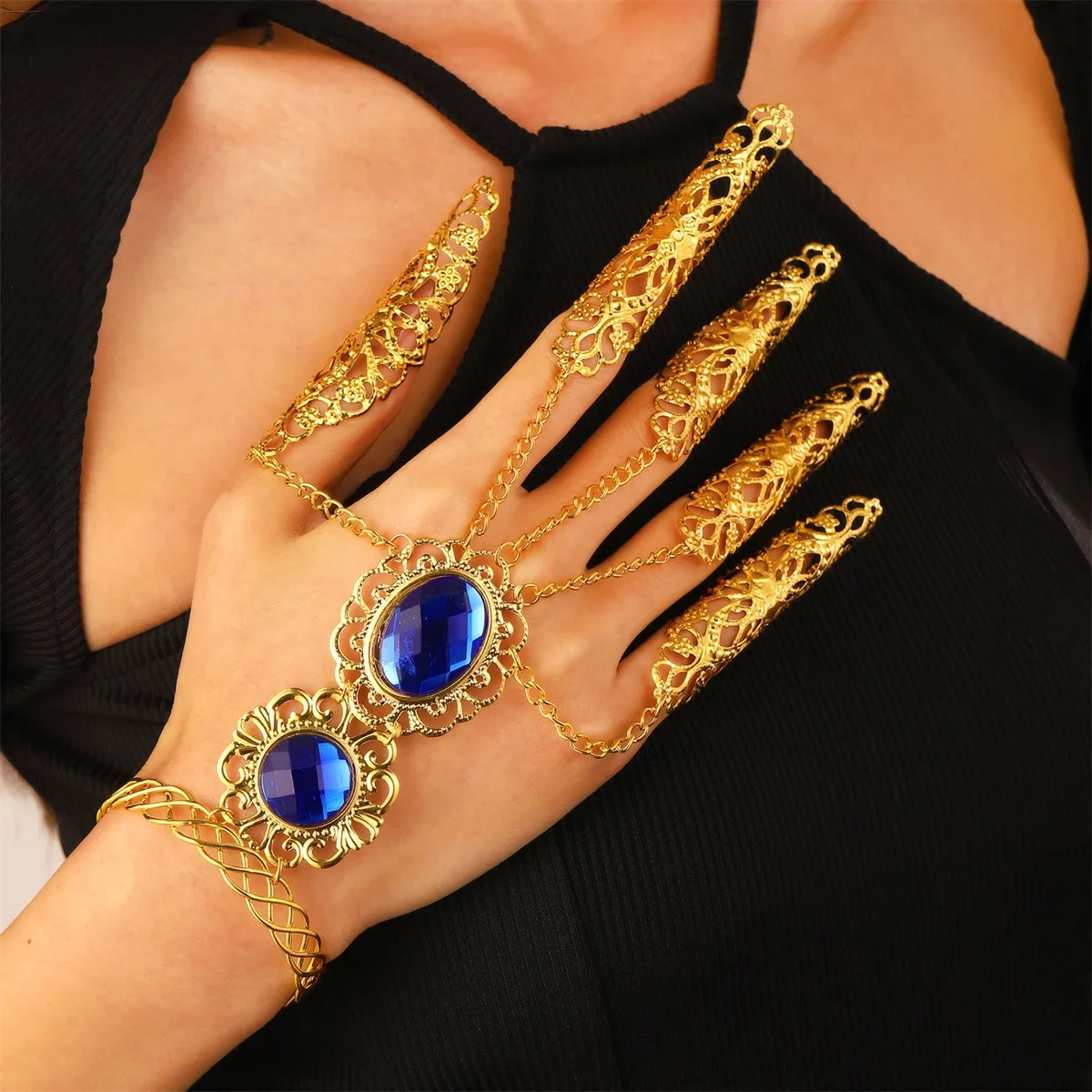 New Vintage Personalized Ethnic Belly Dance Prop Performance Nail Women's Integrated Open Bracelet Jewelry Accessories Gift