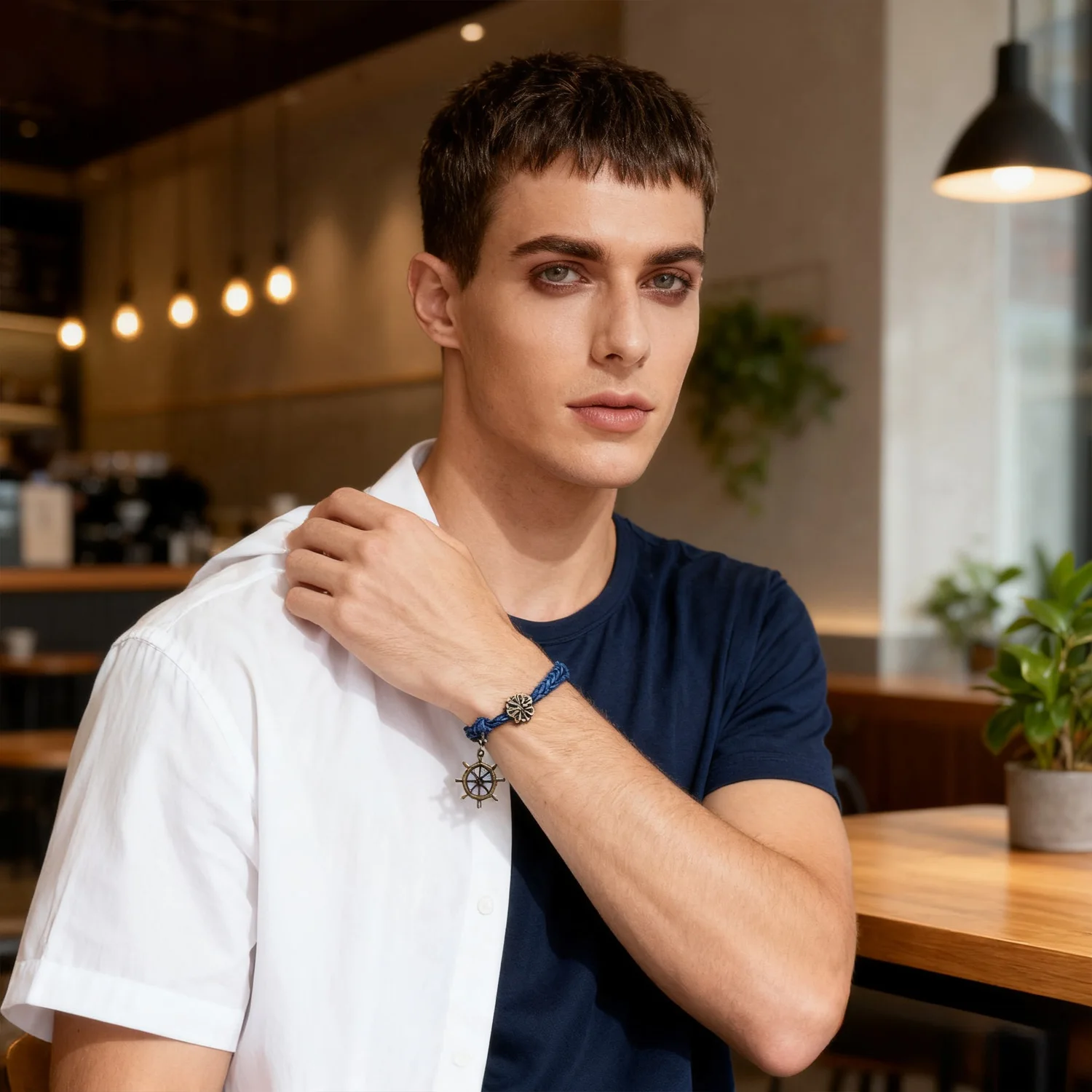 PESENAR Bracciale in cordoncino blu stile nautico con ciondolo a forma di ruota da nave in bronzo per accessori Boho e a tema mare