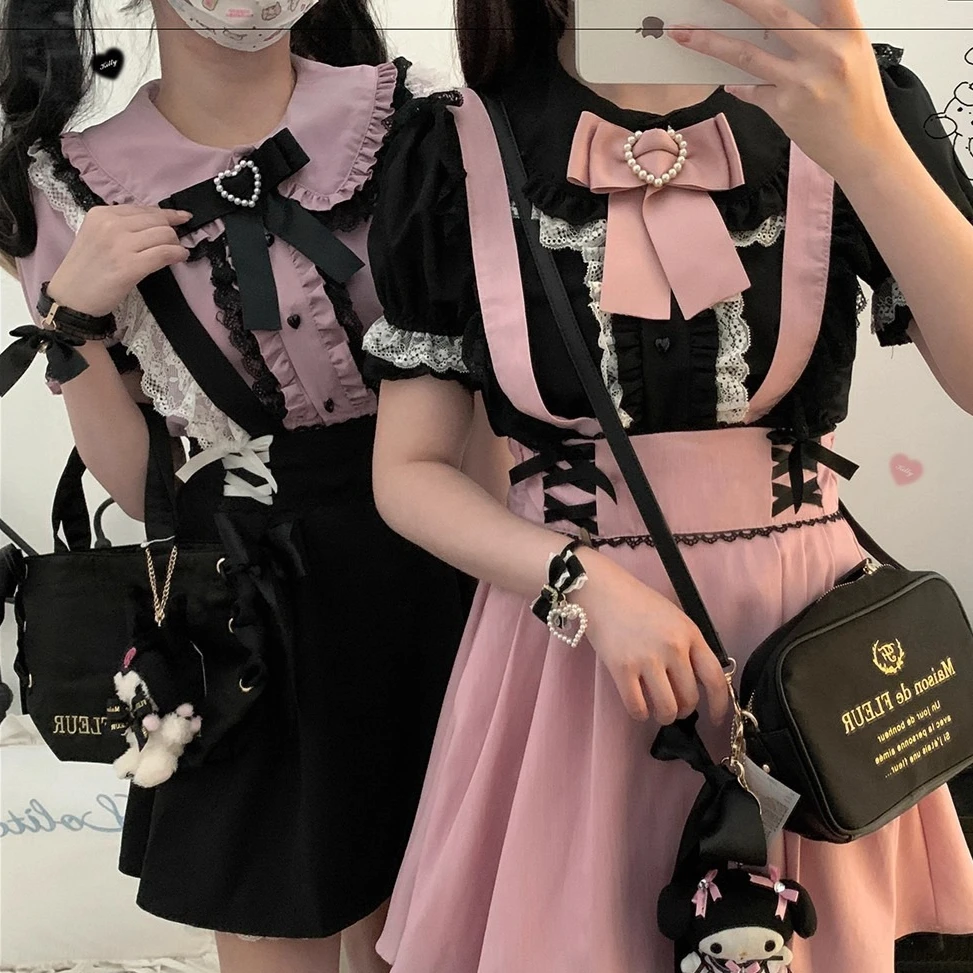 Lace Trim Top Landmine Series Heart Button Sweet Cool Short Shirt Bubble Short Sleeve Chiffon Shirt Crop Top Bowknot Brooch