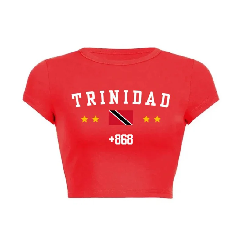 T-shirt in tinta unita con lettera bandiera nazionale ricamata corta europea e americana, top yoga casual stile spiaggia slim fit Y2K