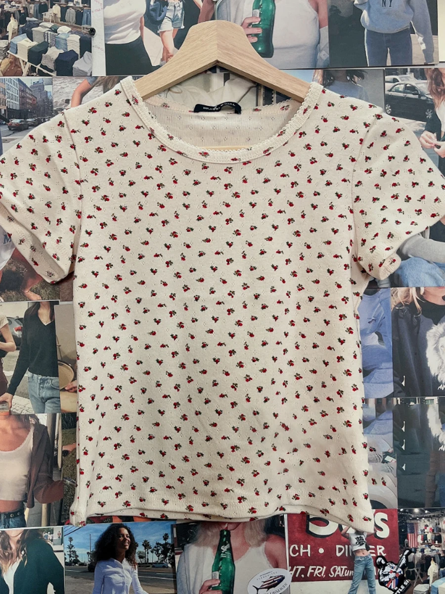 Red Floral Print Slim Crop Top for Woman Hollow Out O-neck Short Sleeve Tee Shirt Summer Sweet Cute Cotton Tshirt Tops 2023 Chic