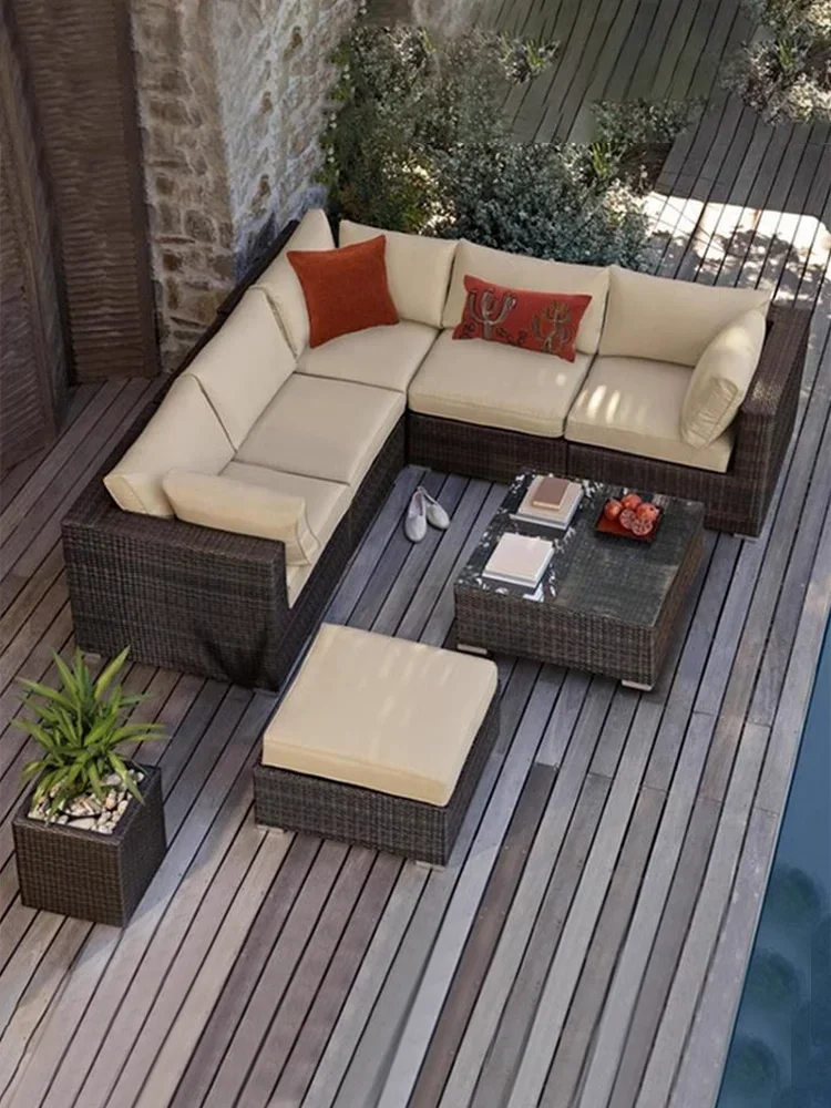 Outdoor rattan sofa combined courtyard terrace three people leisure waterproof sunscreen rattan outdoor furniture garden sofa