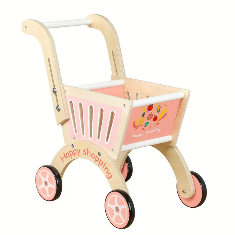 Colorful Shopping Cart Wooden Household Toys Baby Stroller Three Colors Trolley Toddler Cart