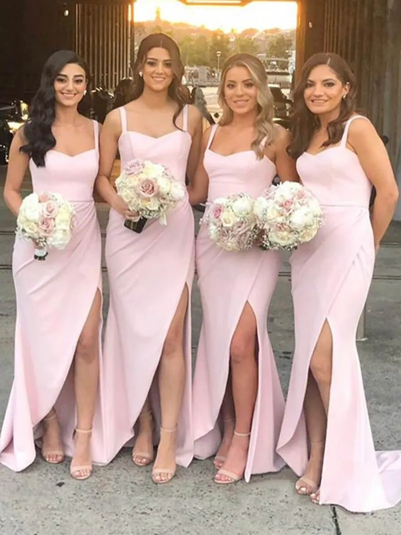 

Elegant Long Pink Matte-Satin Bridesmaid Dresses With Slit Mermaid Sweetheart Watteau Train Zipper Back Evening Dress for Women