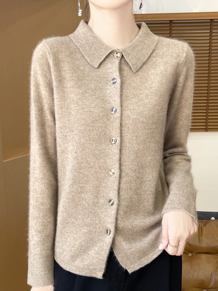 

Classic Polo Collar 100% Merino Wool Women Sweater Autumn Winter Knitted Cardigan Solid Outerwear Long Sleeve Cashmere Jacket